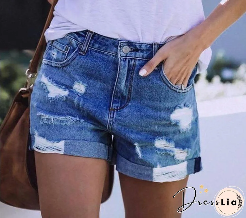 Znaiml New Summer Women High Waist Rippde Hole Button Straight Slim Jeans Shorts Casual Street Female Loose Fit Blue Denim Short