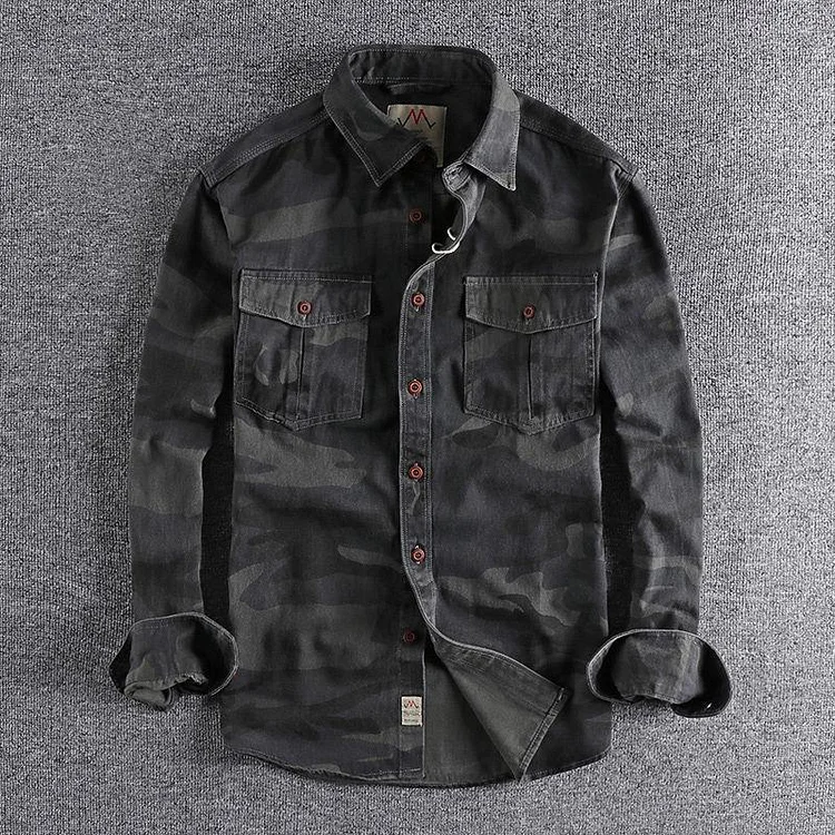 2025 Washed Camouflage American Style Workwear Men's Long-Sleeve Shirt