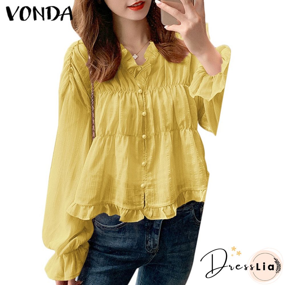 Women Elegant V Neck Flare Sleeve Button Up Shirts Blouse S-5XL Solid Color Pleated Ruffled Hem Lace Tops