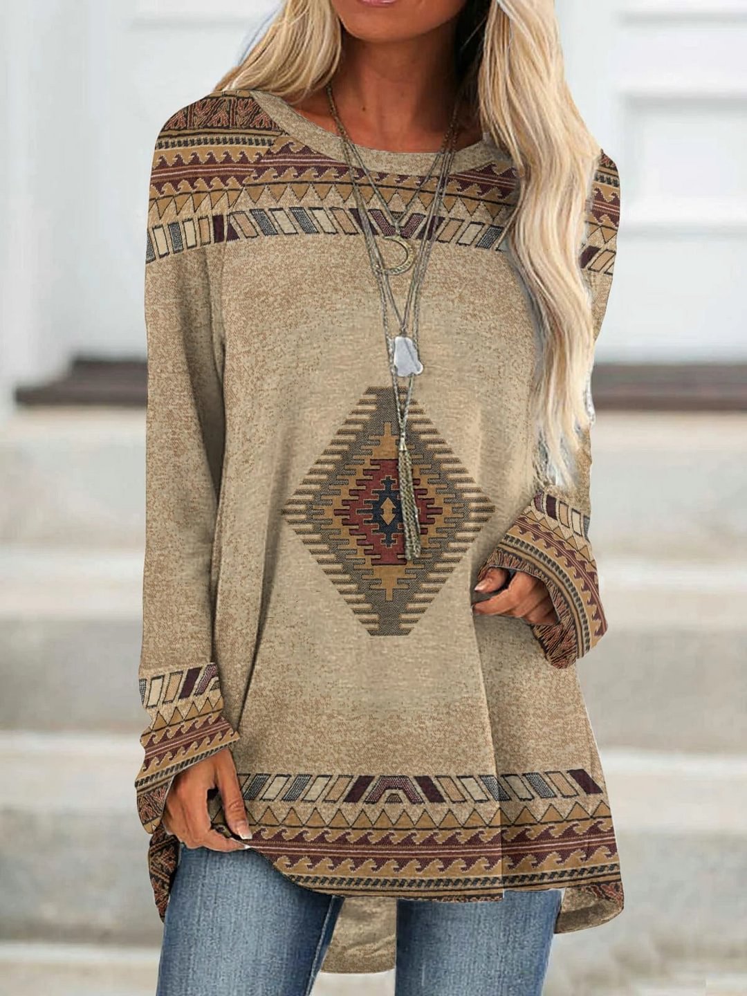 Women Long Sleeve Scoop Neck Casual Geometric Printed Top