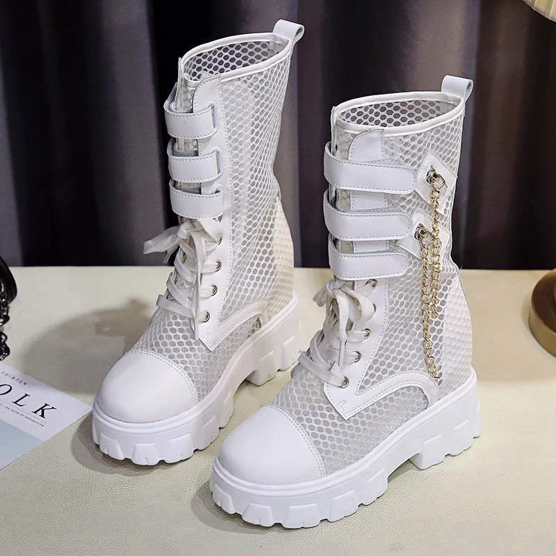 Chunky Platform Motorcycle Boots Women 2022 Summer Breathable Air Mesh Mid Calf Boots Woman Punk Height Increasing Shoes