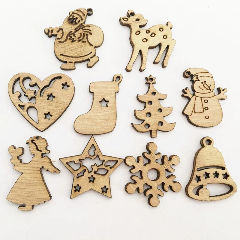 50Pcs Merry Christmas Wooden Baubles Tags Christmas Tree Decorations Art Craft Ornaments Christmas DIY New Year Decors Toys Set