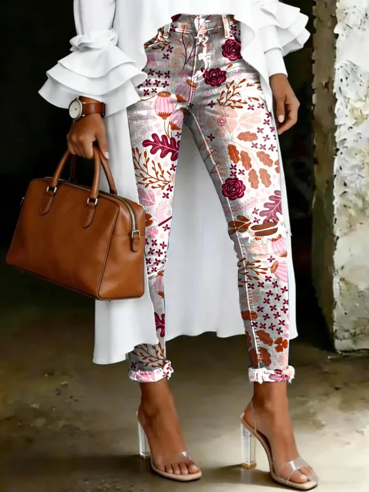 Women's Vintage Multicolor Floral Totem Print Casual High-waisted Ripped Skinny Jeans