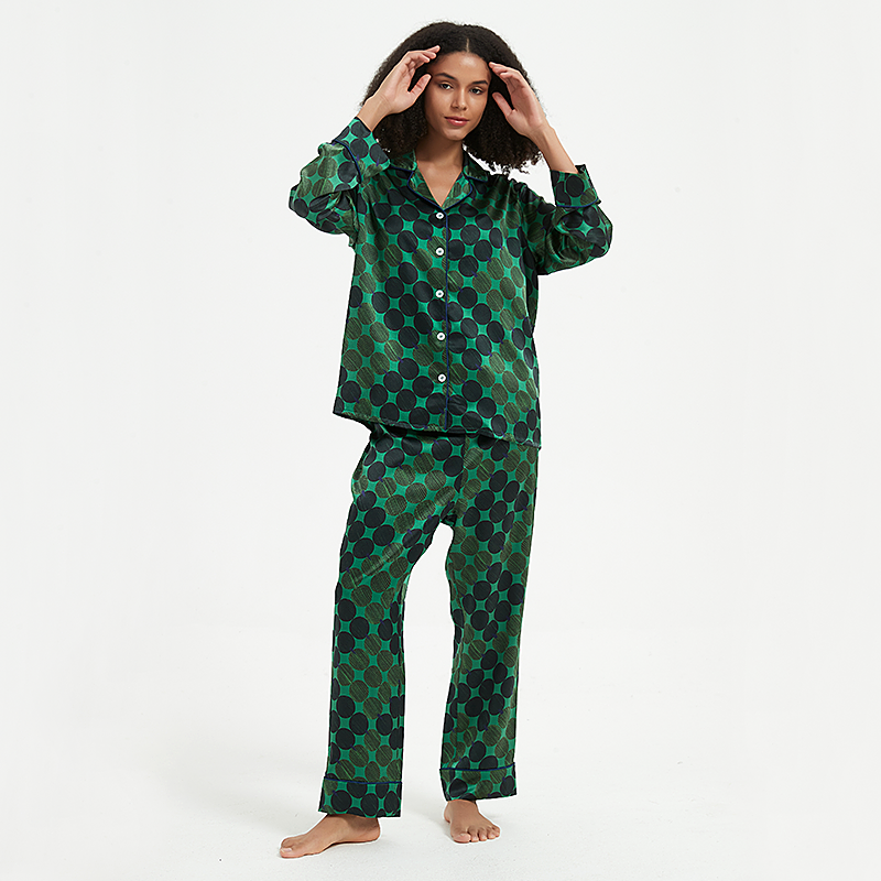 Pyjama en soie vert à pois pour femme- SOIE PLUS