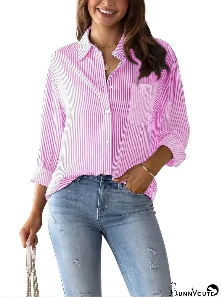 Striped Button Down Roll-up Long Sleeves Point Collar Blouse