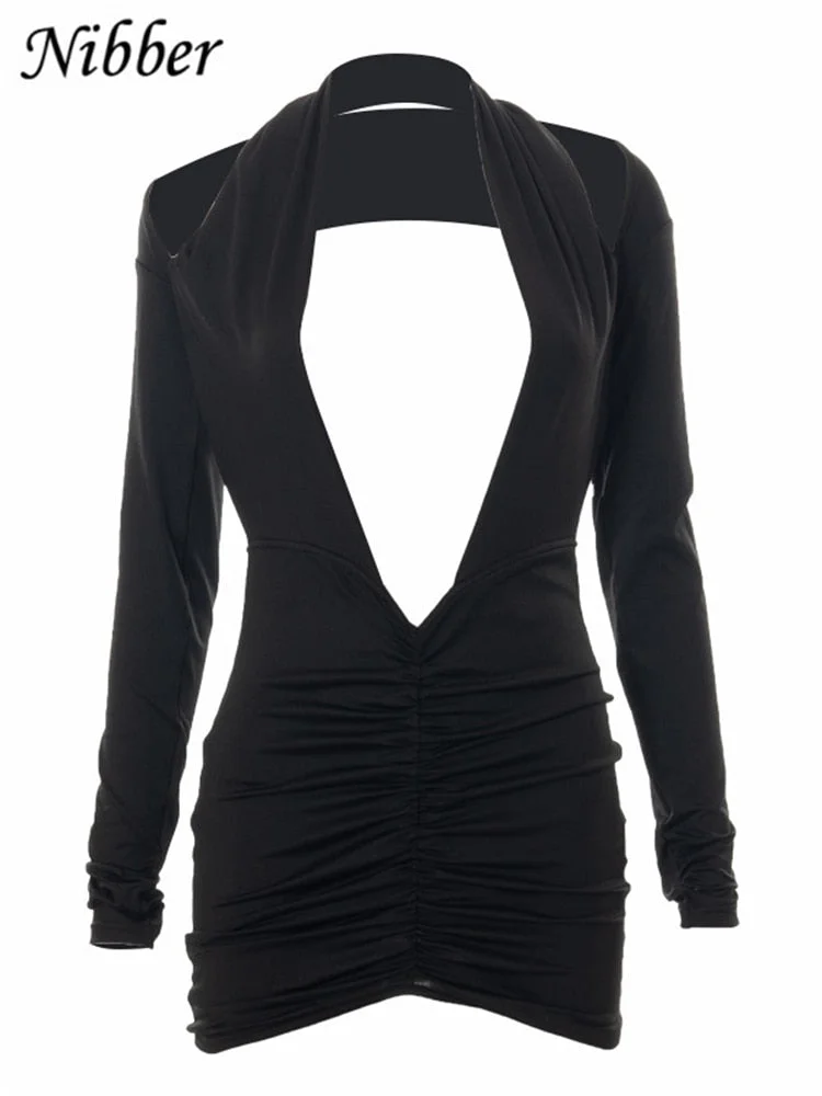 Nibber платье женское Pure Black Sexy Cutout Dress Long Sleeve Backless Halter Mini Dress на новый год 2022 vestidos de fiesta