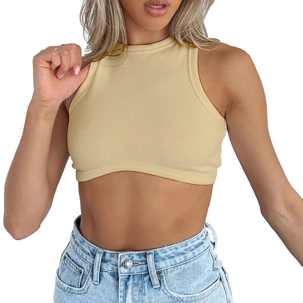 Uveng Uveng Women's New Women's Sexy Sleeveless Round Neck Rib Knit Vest Crop Top