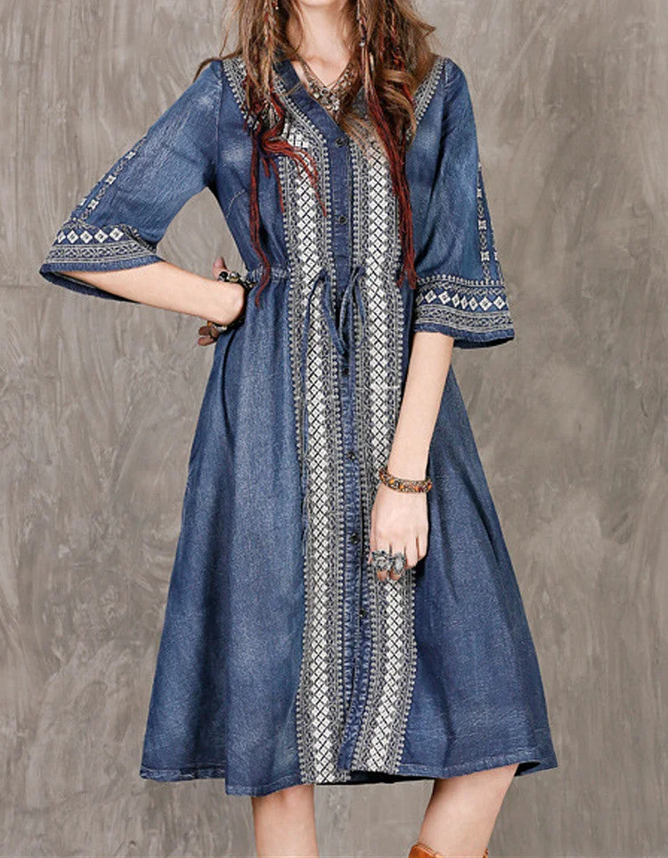 Women's Denim Dress High End Tribal Embroidery Floral V-Neck Mid Sleeve Western Style Cowgirl Dress