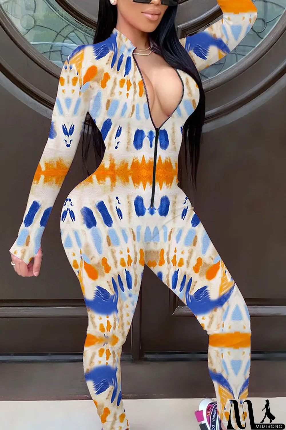 MidiSono - Red Fashion Print Split Joint O Neck Regular Jumpsuits