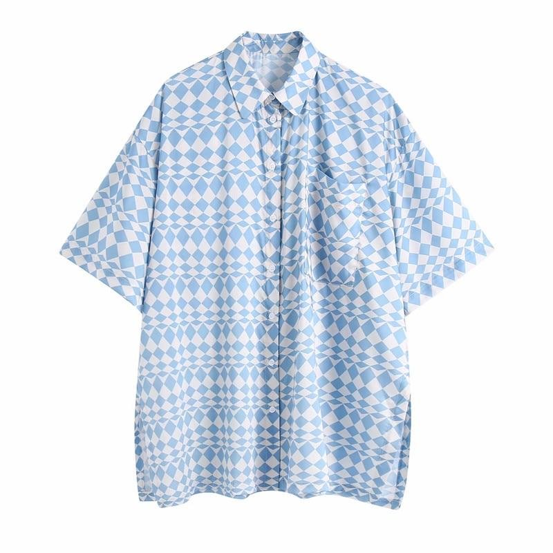 PUWD Oversize Women Turn-down Collar Blouse 2021 Spring-autumn Fashion Ladies Casual Loose Shirt Female Geometric Print Shirt