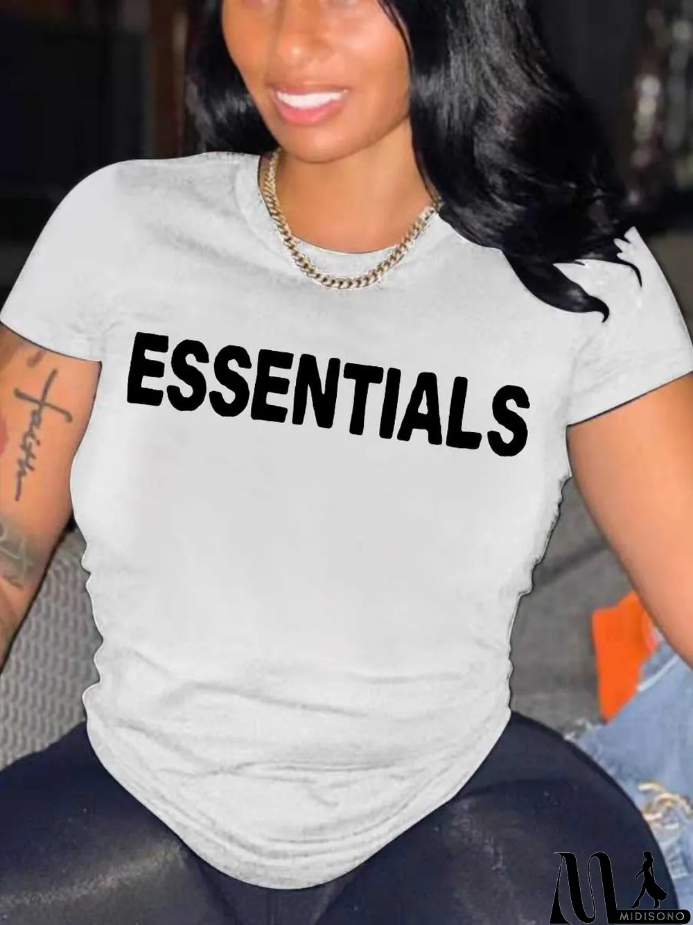 MidiSono - Spring Summer Women's Fashion Printing Black T-Shirt Short Sleeve Women's Top Basic Shirt