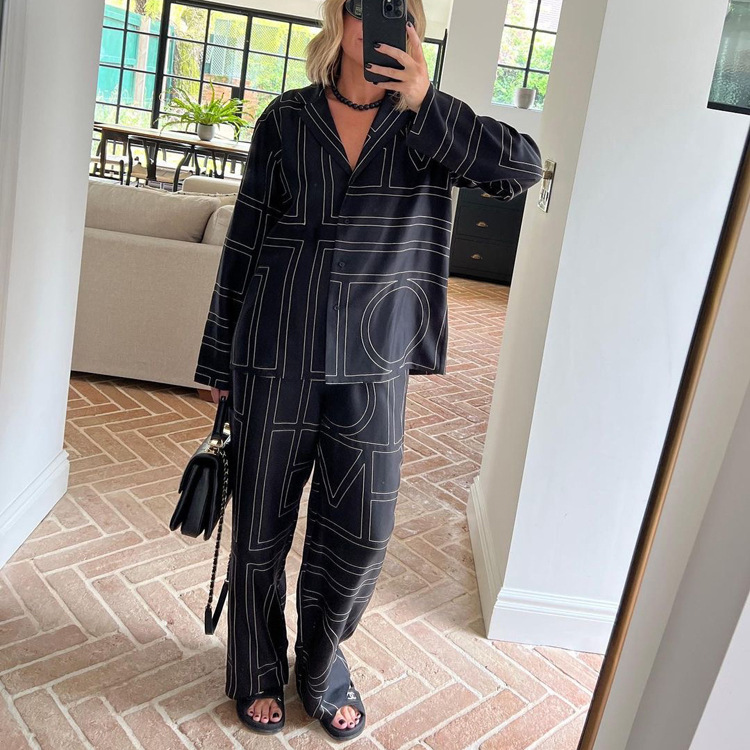 Ootddress Casual Patchwork Printed 2 Piece-Set For Women Trousers Fashion Lapel Shirts Nightwear Slim High Waist Women's Pants Sets