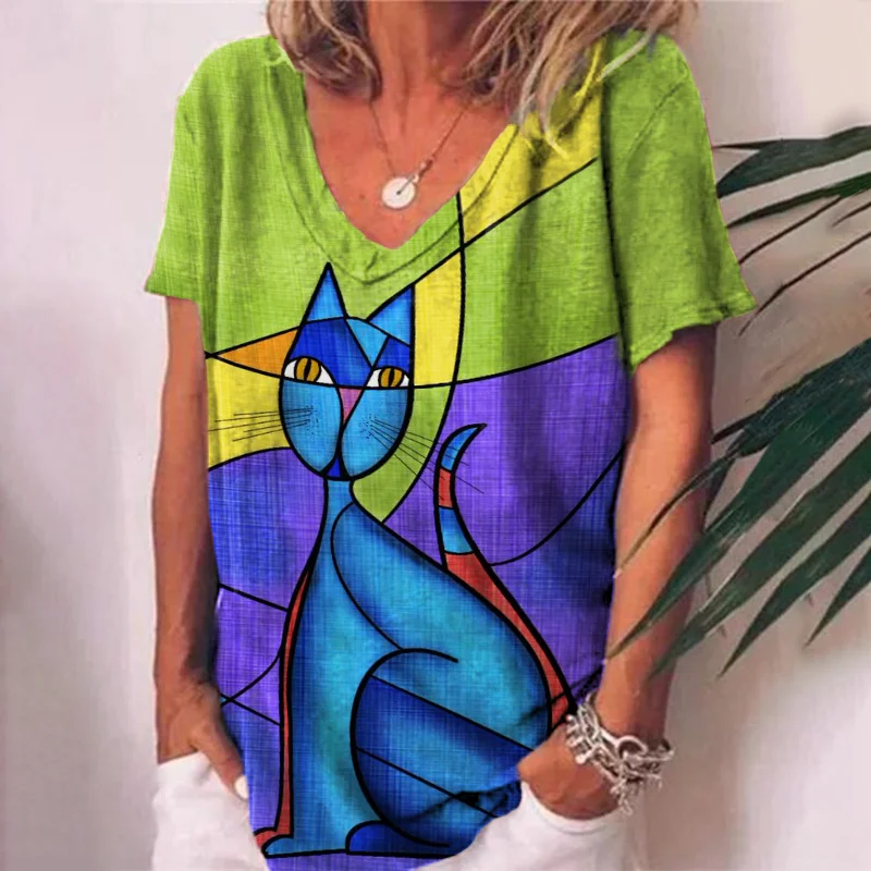 Casual Abstract Cat Print T-Shirt