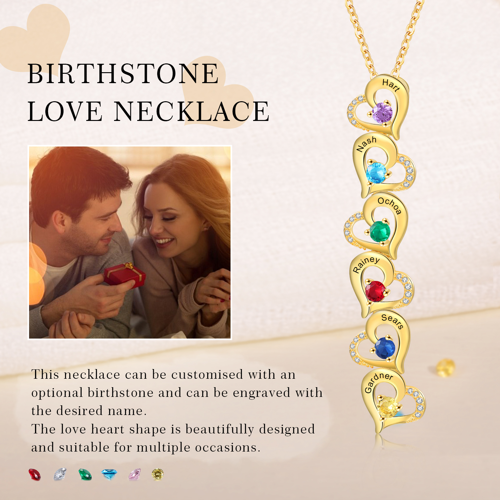 6 Names - Personalised Heart Pendant Necklace Custom Birthstones & Names Necklace Birthday Gift for Her -Jessemade AU