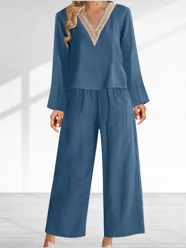 Women's 2024 Solid Casual 2Piece Set Lace V-Neck Long Sleeve Top and Wide Leg Pant Cotton Linen