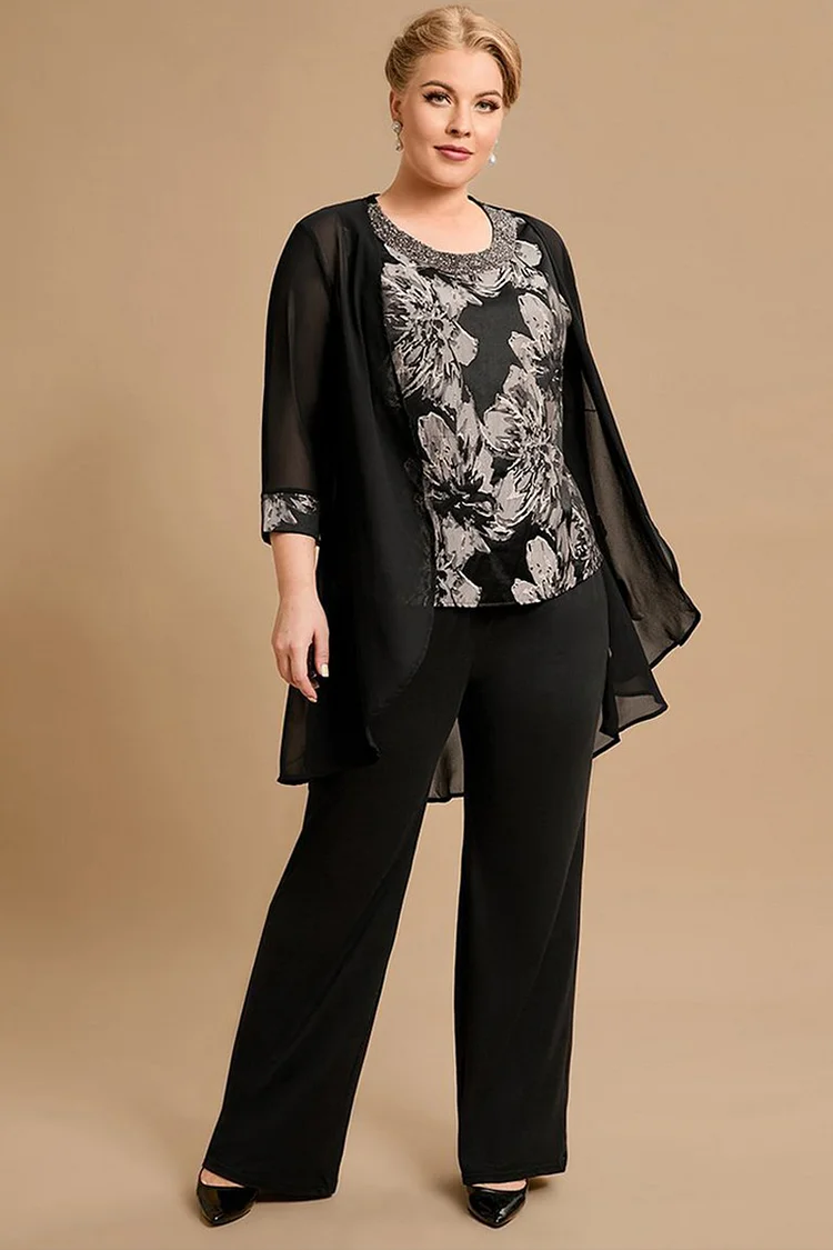 Plus Size Mother Of The Bride 3/4 Sleeve Three Pieces Set Pant Suits