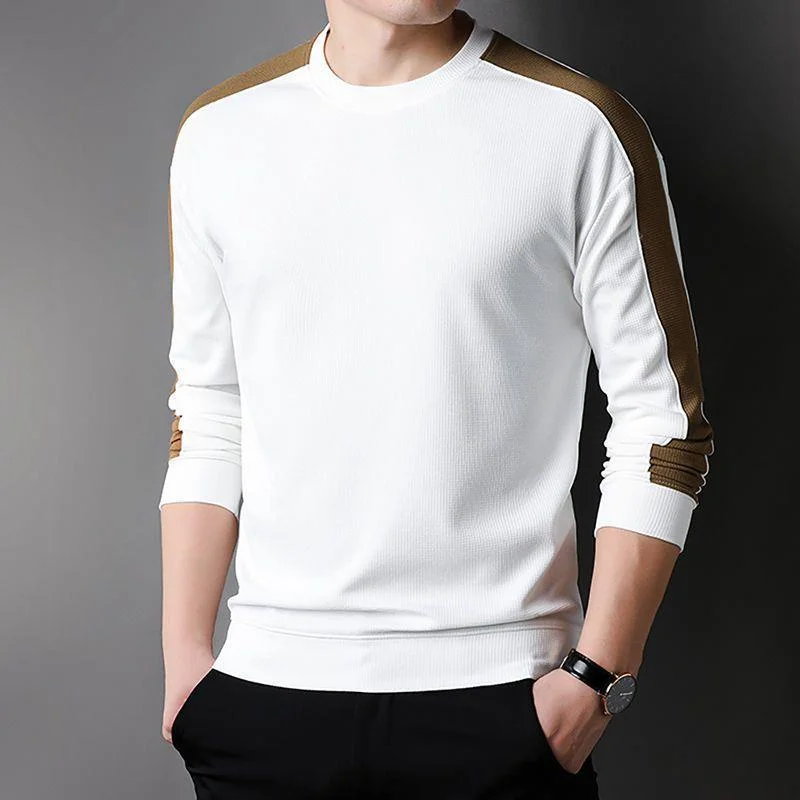 Huiketi Spring Autumn Long Sleeve T Shirts Men Fashion Patchwork O Neck Casual Tops Tees Mens Slim Korean Full Streetwear Tshirt Man