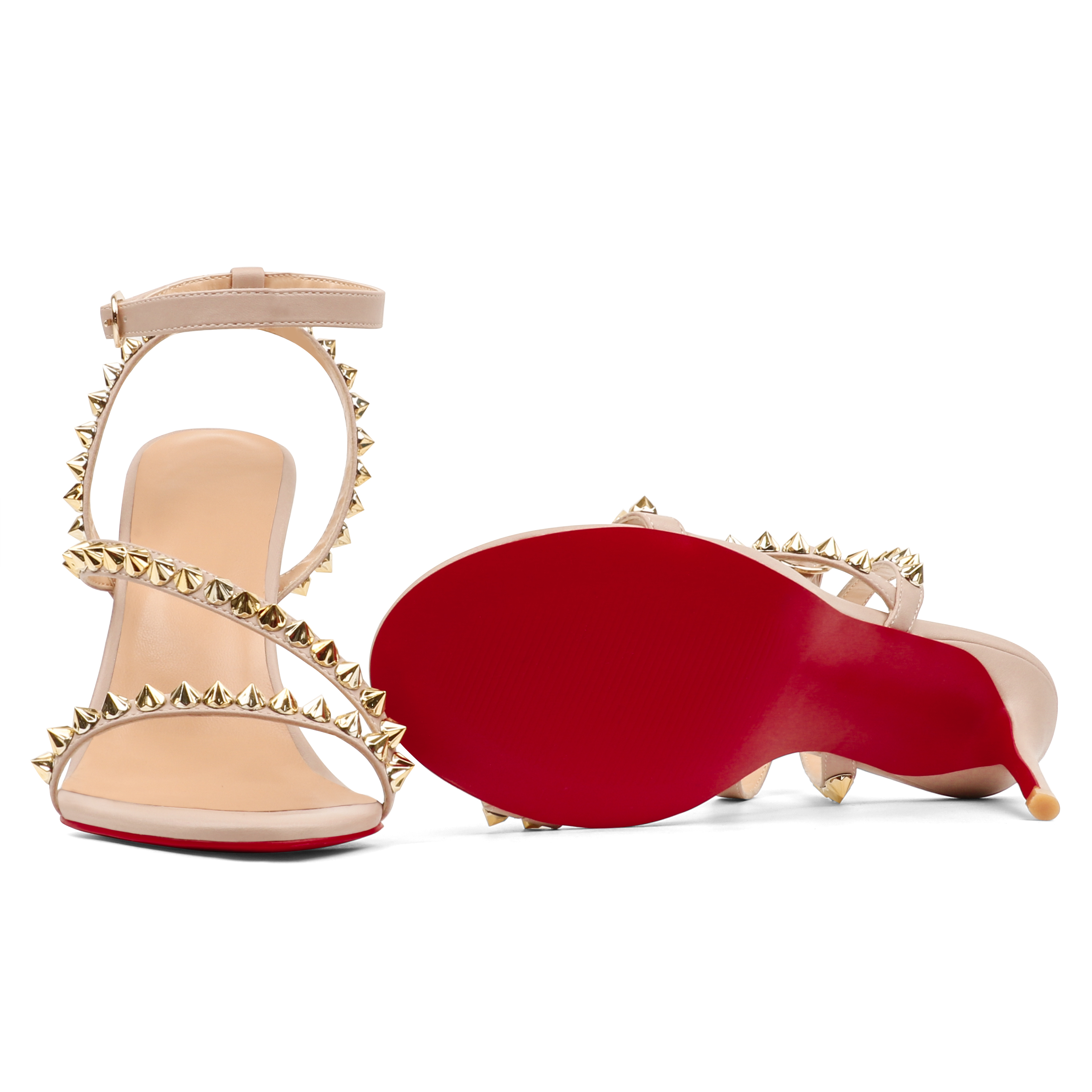 3.94'' Women Slingback Open Toe Rivets Sandals Ankle Buckle High Heel Summer Red Bottoms Nude Shoes-MERUMOTE