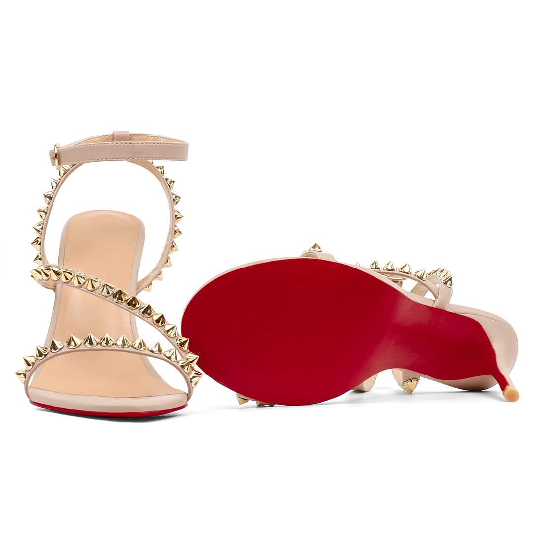 3.94'' Women Slingback Open Toe Rivets Sandals Ankle Buckle High Heel Summer Red Bottoms Nude Shoes-MERUMOTE