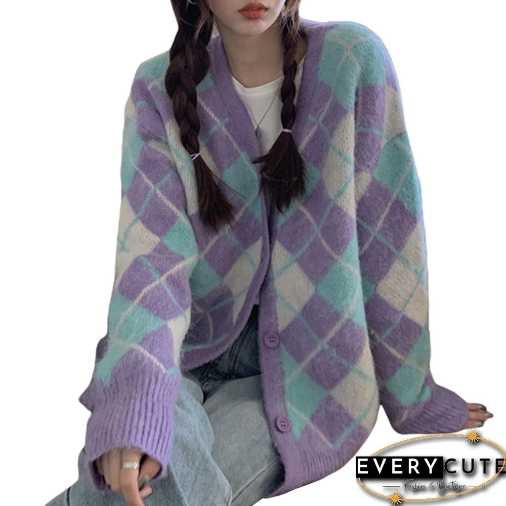 Womens Vintage Argyle Print Button Down Knit Sweater Long Sleeve V Neck Loose Cardigan Autumn Ins Knitting Tops