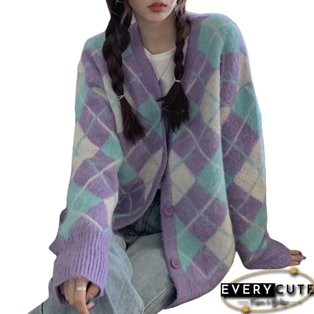 Womens Vintage Argyle Print Button Down Knit Sweater Long Sleeve V Neck Loose Cardigan Autumn Ins Knitting Tops