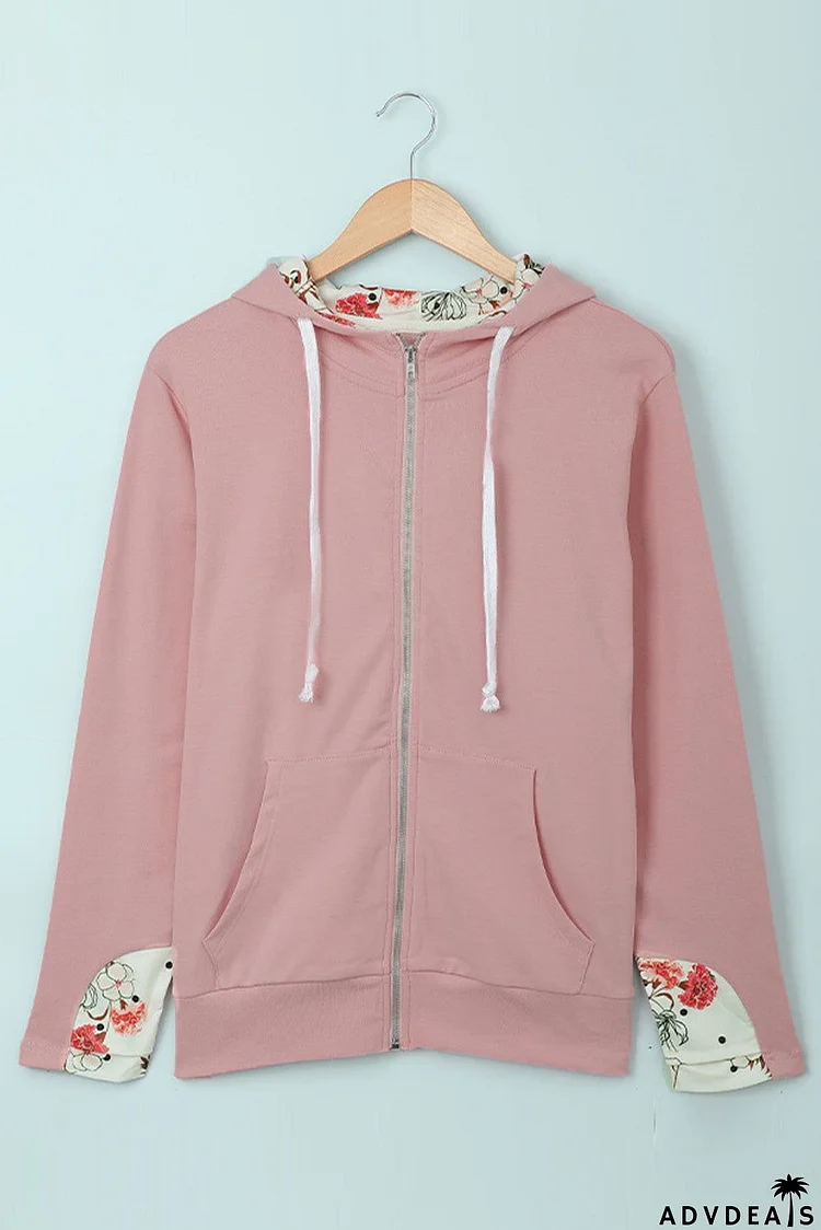 Women's Pink Full Zip Hoodie Coat with Floral Print Hooded Inner