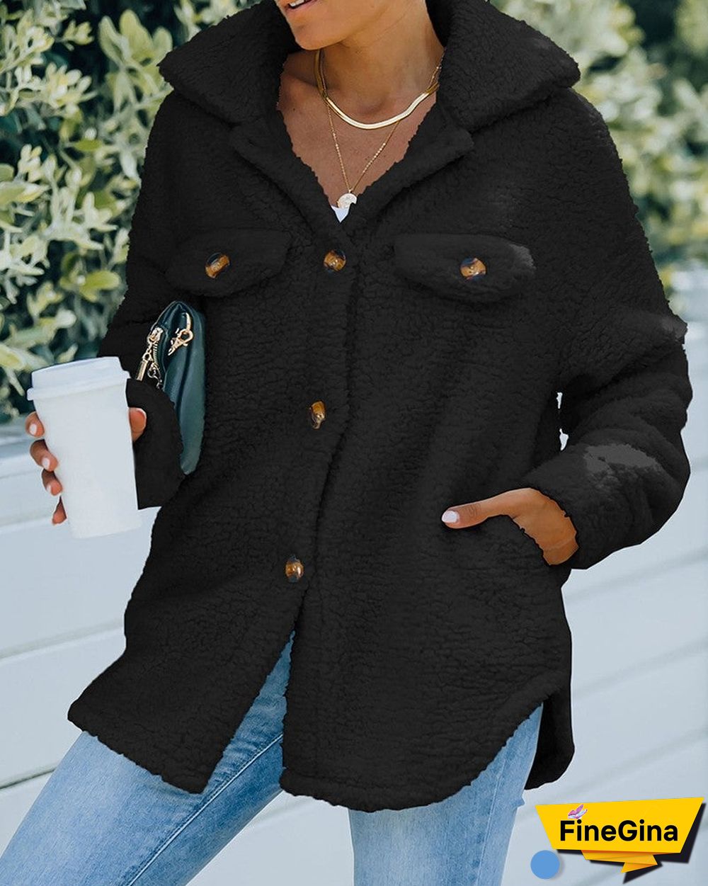 Pocket Button Design Long Sleeve Fluffy Coat