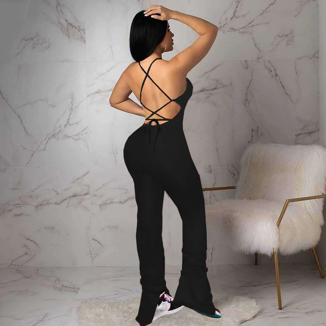 Open Back Tie Pleated Ruched Slit Flared Jumpsuit | IFYHOME