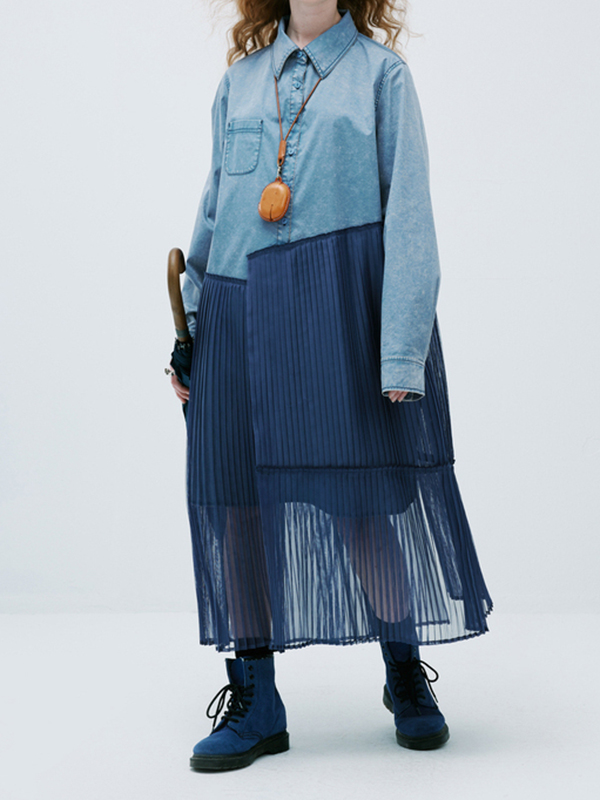 Long Sleeve Lapel Patchwork Mesh Pleated Midi Dress