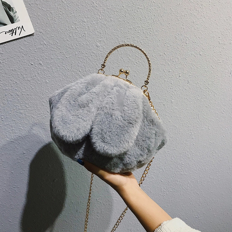 Women’s Plush Rabbit Solid Color Cute Round Lock Clasp Handbag Crossbody Bag