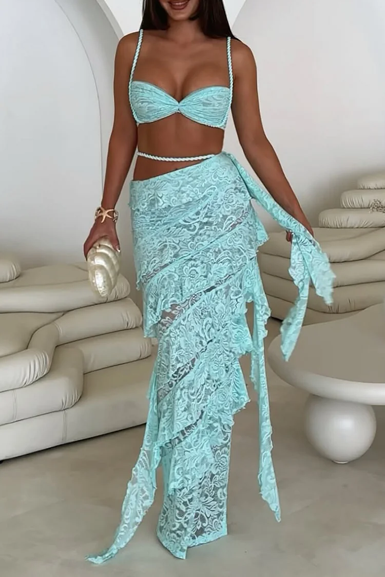 Lace Crop Cami Tiered Ruffled Streamer Maxi Skirt 2pcs Set-Blue [Pre Order]