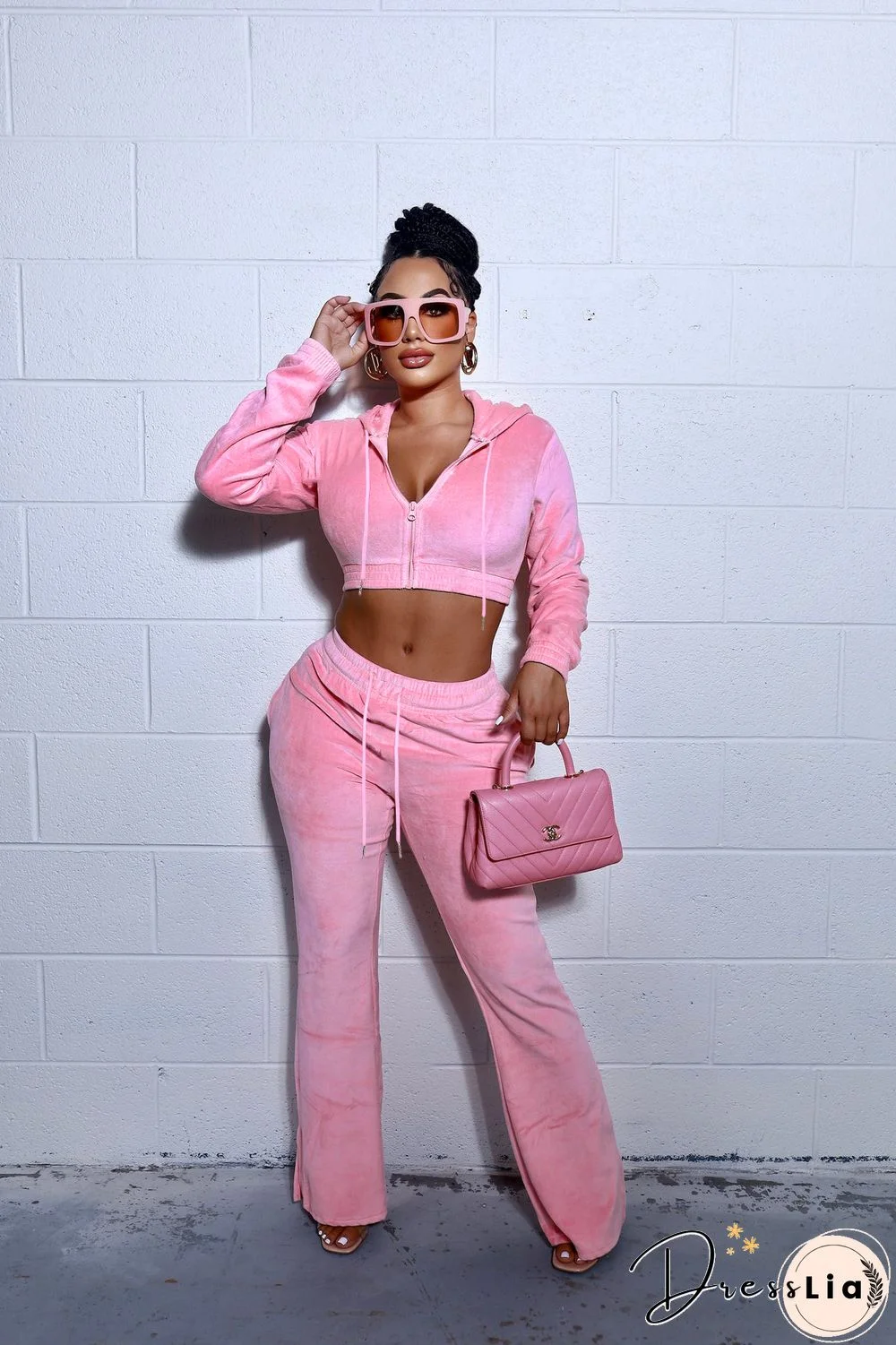 Zipper Hooded Jacket Flare Pants Velvet Two Piece Set