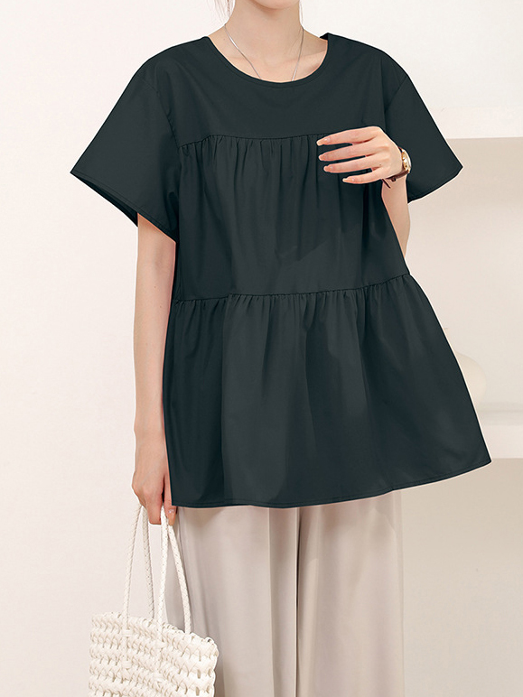 Plaid Pattern Flared Short Sleeve Round Neck Blouses