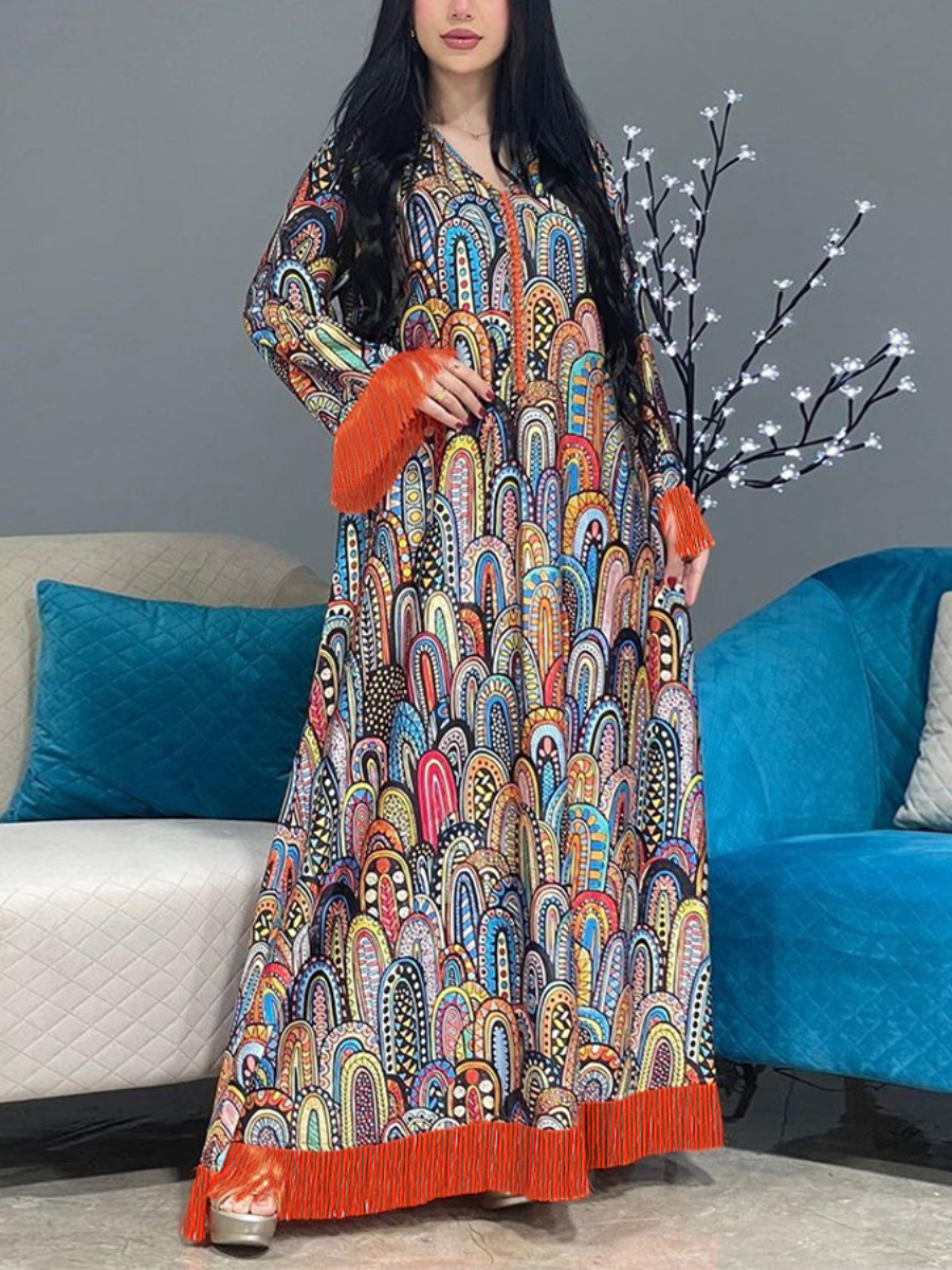 Ethnic Print Fringe Long Sleeve V Neck Kaftan | Oxredo Shop Ramadan Sale