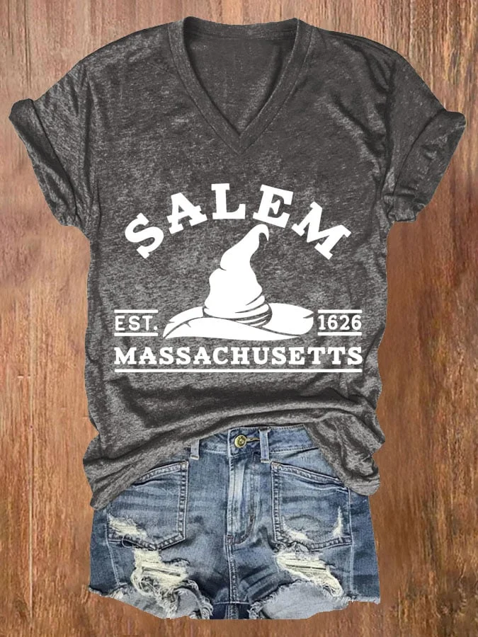 Women's Salem Massachusetts Print Casual V Neck T-shirt