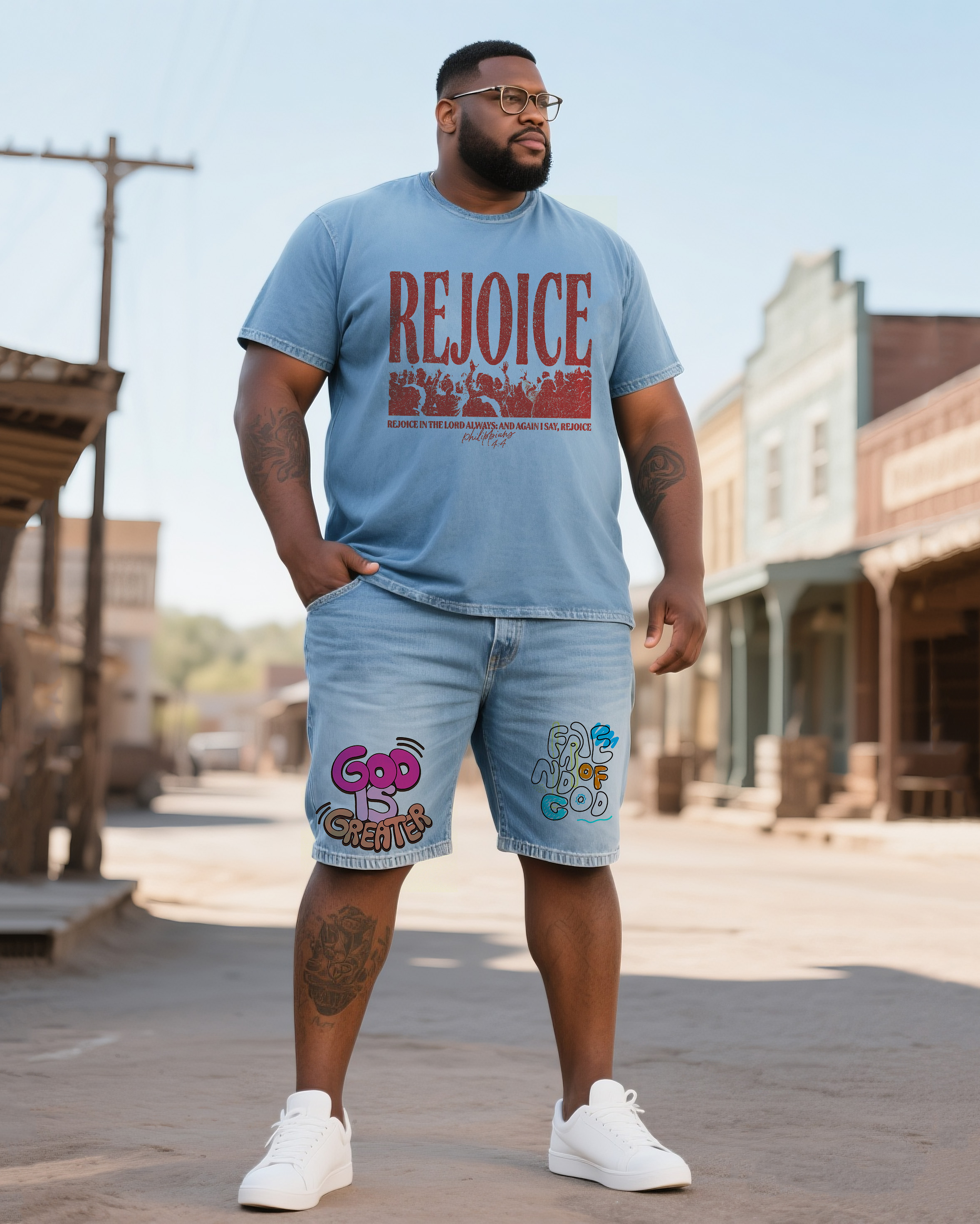 Big & Tall Men'sRejoice Short-sleeved T-shirt. Faith Collage Shorts Denim Suit