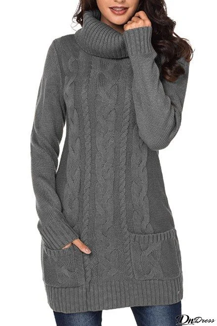 Gray Cowl Neck Pockets Cable Knit Sweater Dress