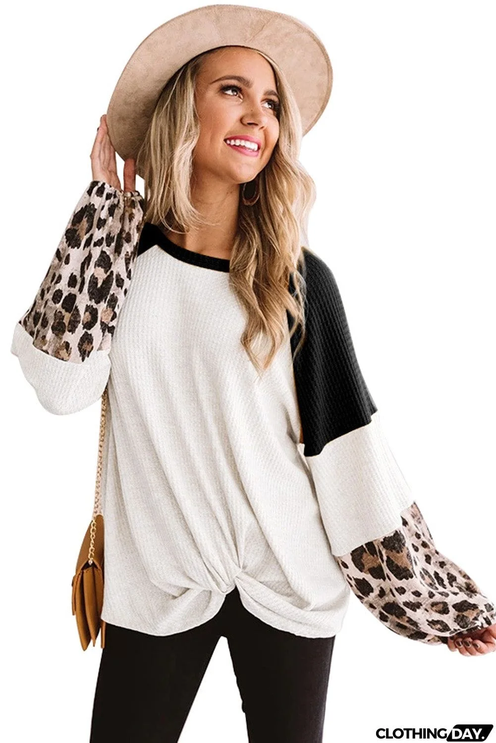 Long Sleeve Waffle Knit Orange Blouse with Twist Knot