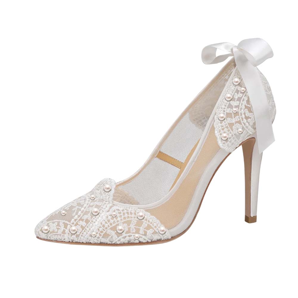 White Lace Pointed Toe Stiletto Heel Wedding Pumps with Back Bow-Knot Nicepairs