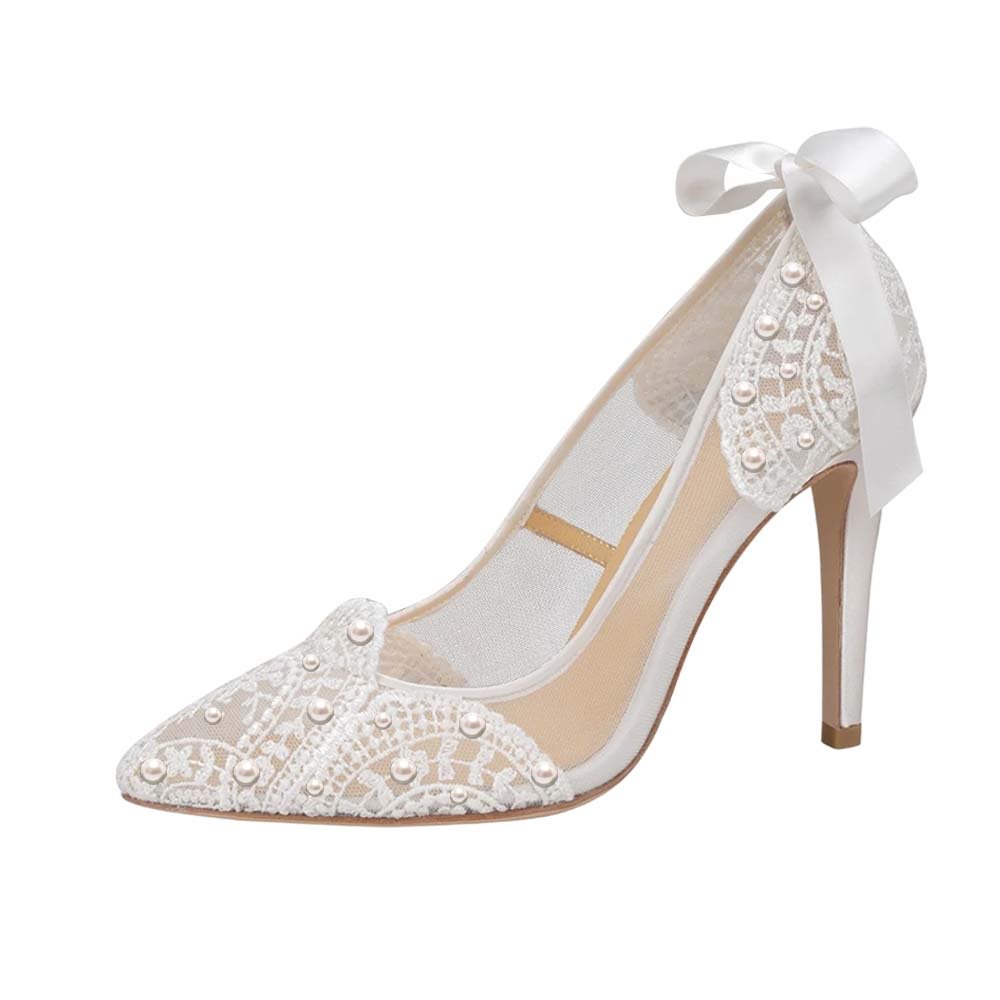Full White Lace Pointed Toe Pumps Lace Back Knot Floral Pattern Wedding Shoes Nicepairs