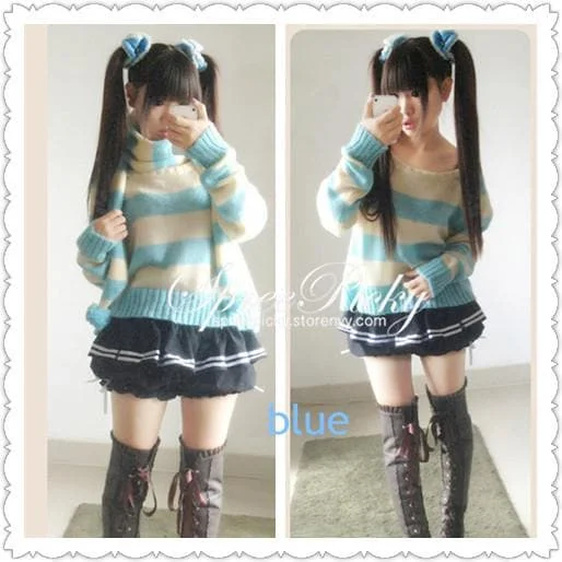 Lovely Ice Cream Joint Color Stripe Women Sweater Pullover SP130174