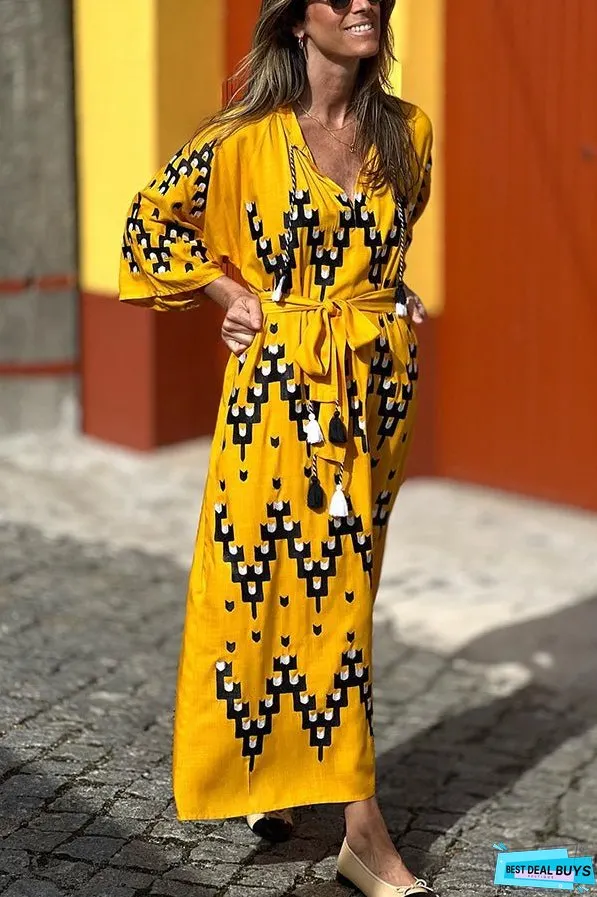 Yellow Loose V Neck Resort Dress
