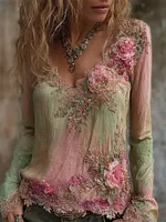 Vintage Pink Flowers Glitter Lace Gradient Flowy Linen Tunic