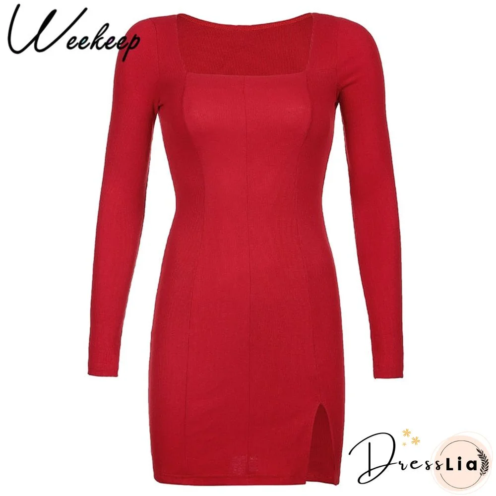 Weekeep Sexy Side Split Square Collar Long Sleeve Spring Dress Women Knitted Bodycon Party Clubwear Mini Dresses