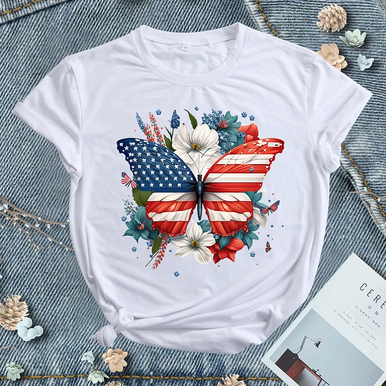 Independence Day Butterfly Flower Round Neck T-shirt - BSP0001