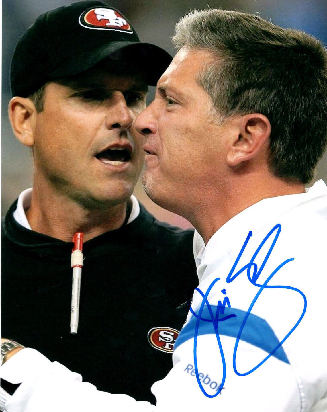 Jim Schwartz hand auto signed football Photo Poster painting Detroit Lions 8x10 Jim Harbaugh c