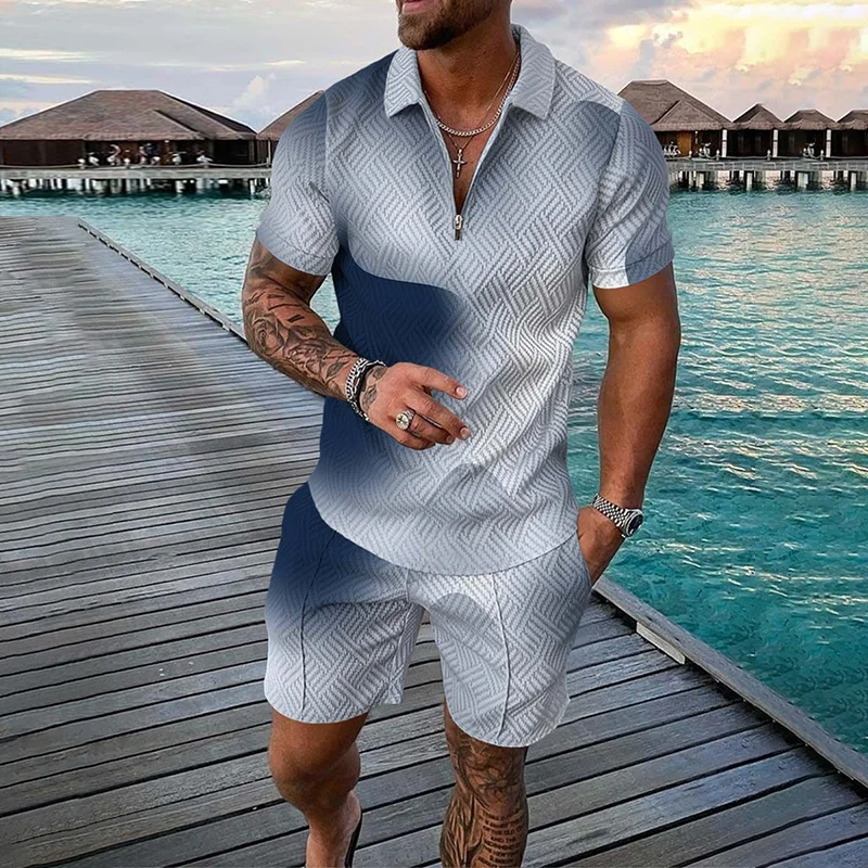 Gradient Polo Shirt  And Shorts Two Piece Set