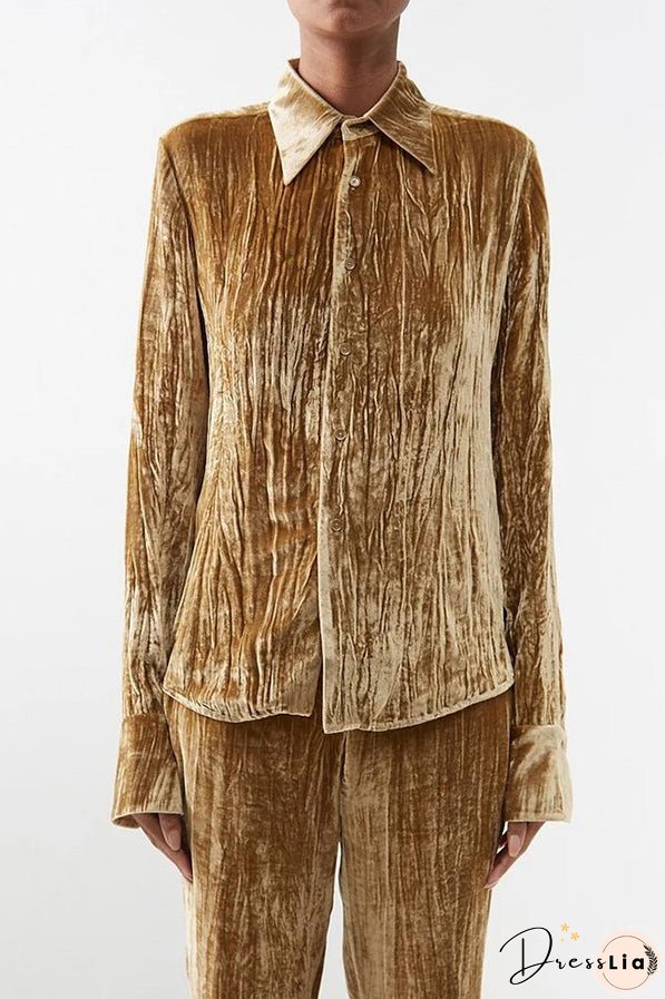 Elegant Textured Turndown Collar Long Sleeve Solid Blouse