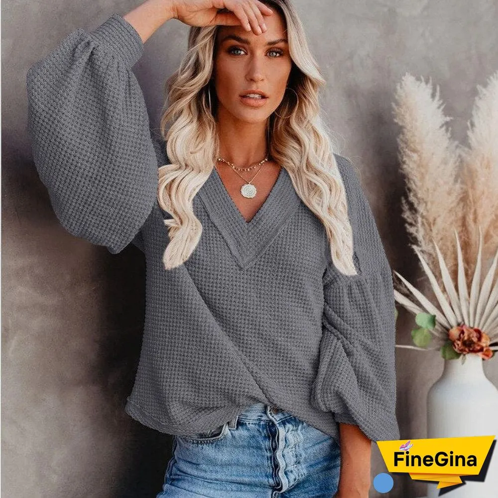 Ladies Sweater V Neck Knitted Pullovers Autumn Winter Lantern Sleeve Solid Warm Halloween Sweaters Loose Women's Jumper