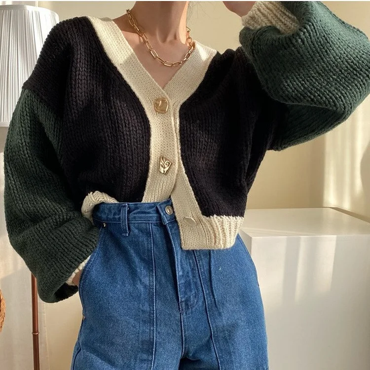 Elegant V-neck Contrast Color Spliced Cropped Irregular Buttons Knitted Cardigan